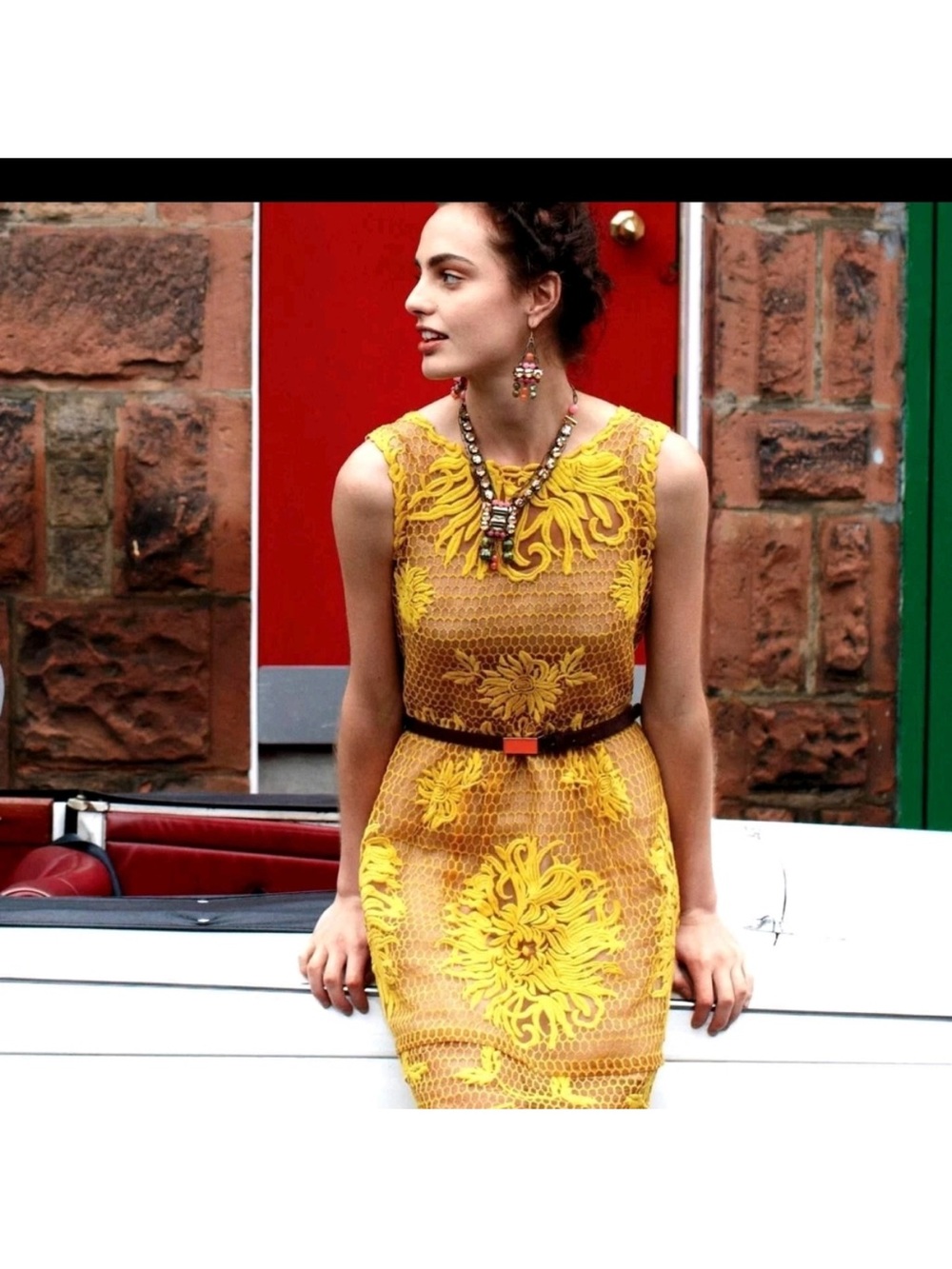 Anthropologie Yoana Baraschi Honeycomb Lace Dress Mustard Yellow Size 2